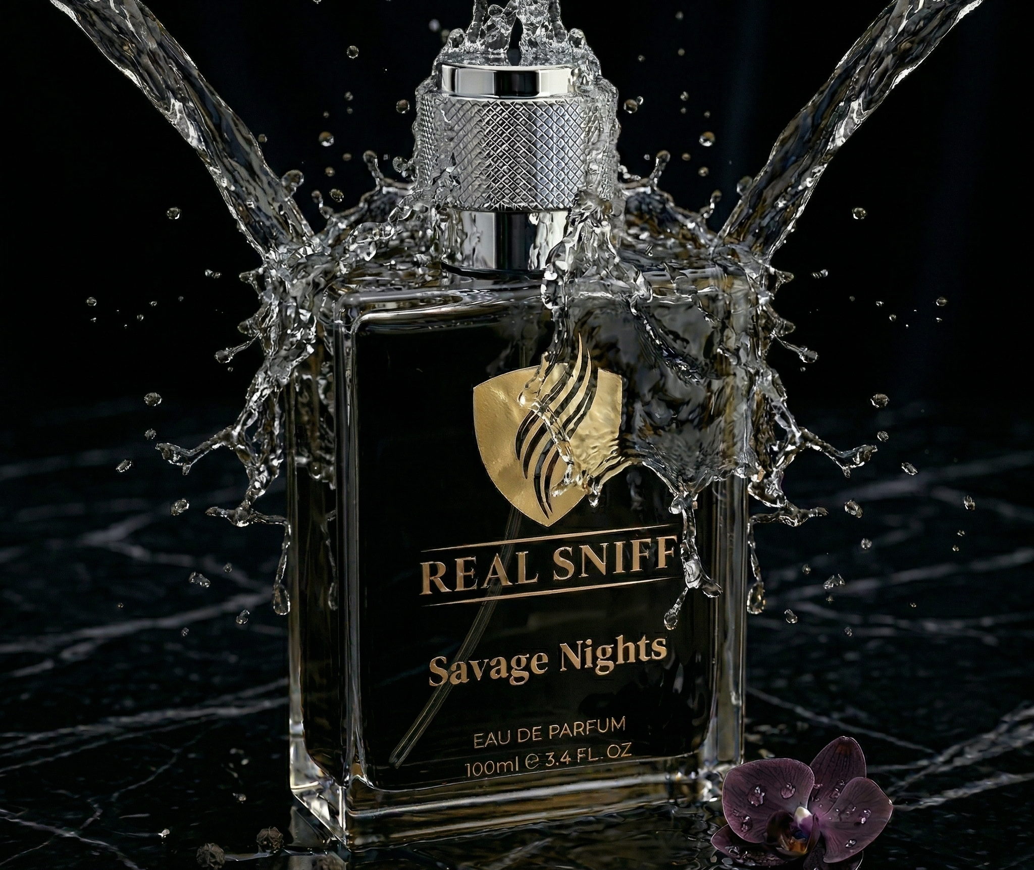 Real Sniff Savage Nights Eau de Parfum 100ml black bottle surrounded by lemon grapefruit mint pepper lavender cardamom oud amber fragrance notes on dark marble background