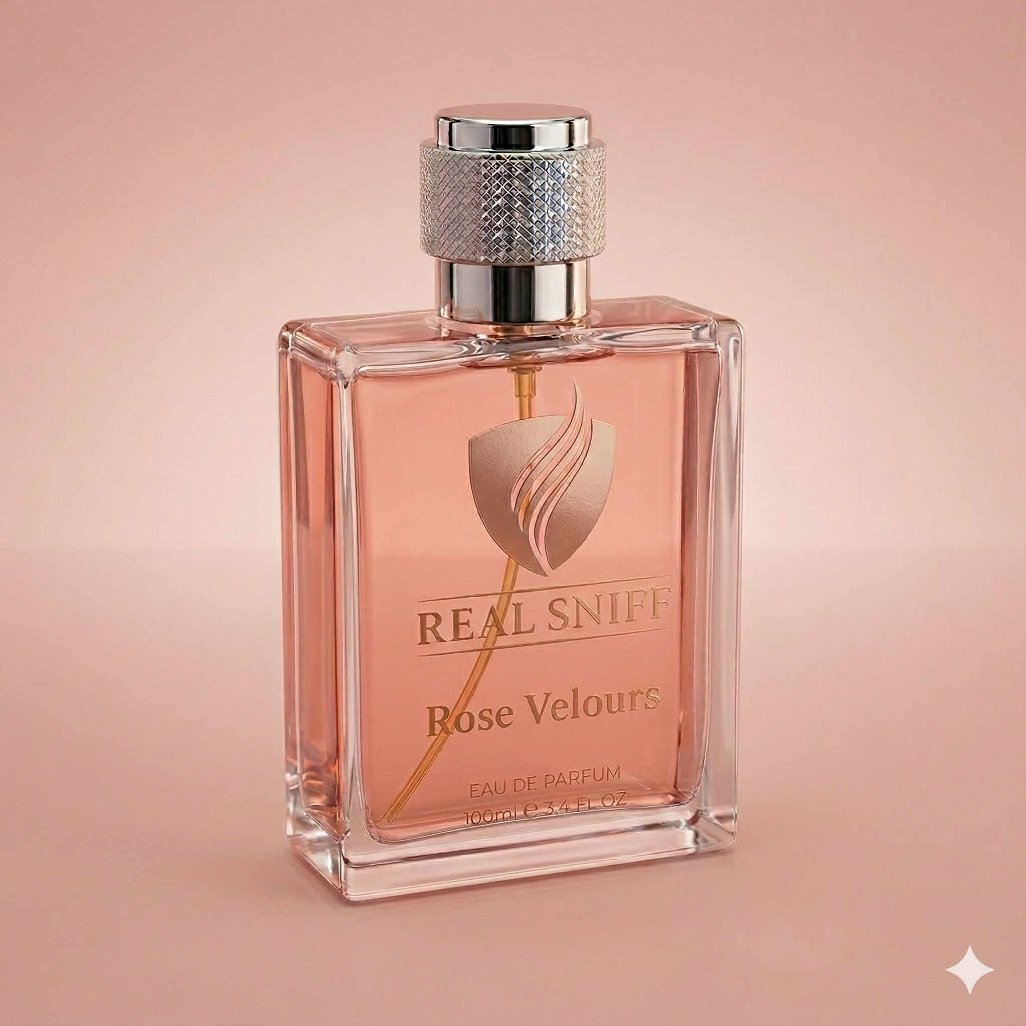 Close-up of RealSniff Rose Velours perfume bottle, luxury women's fragrance with rose and strawberry notes.