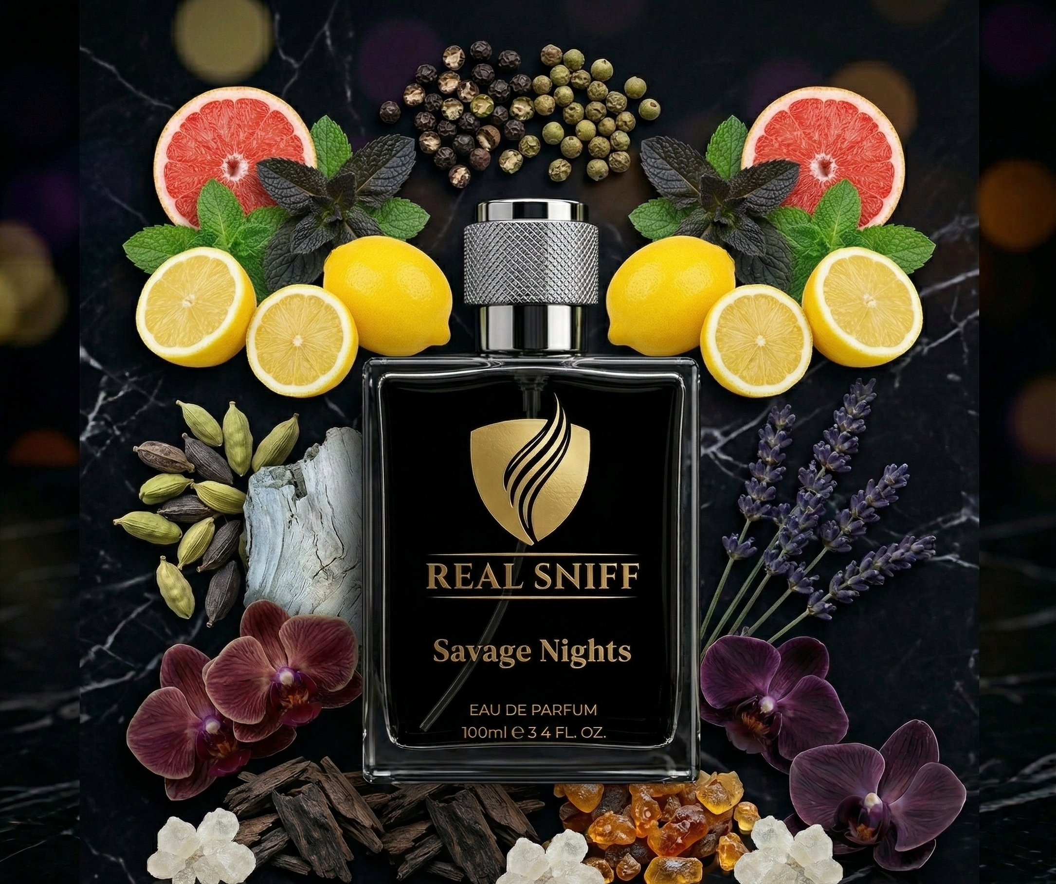 Real Sniff Savage Nights Eau de Parfum 100ml bottle on black marble with orchid flower