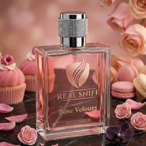 RealSniff Rose Velours perfume bottle featuring rose and strawberry cupcake notes for women.