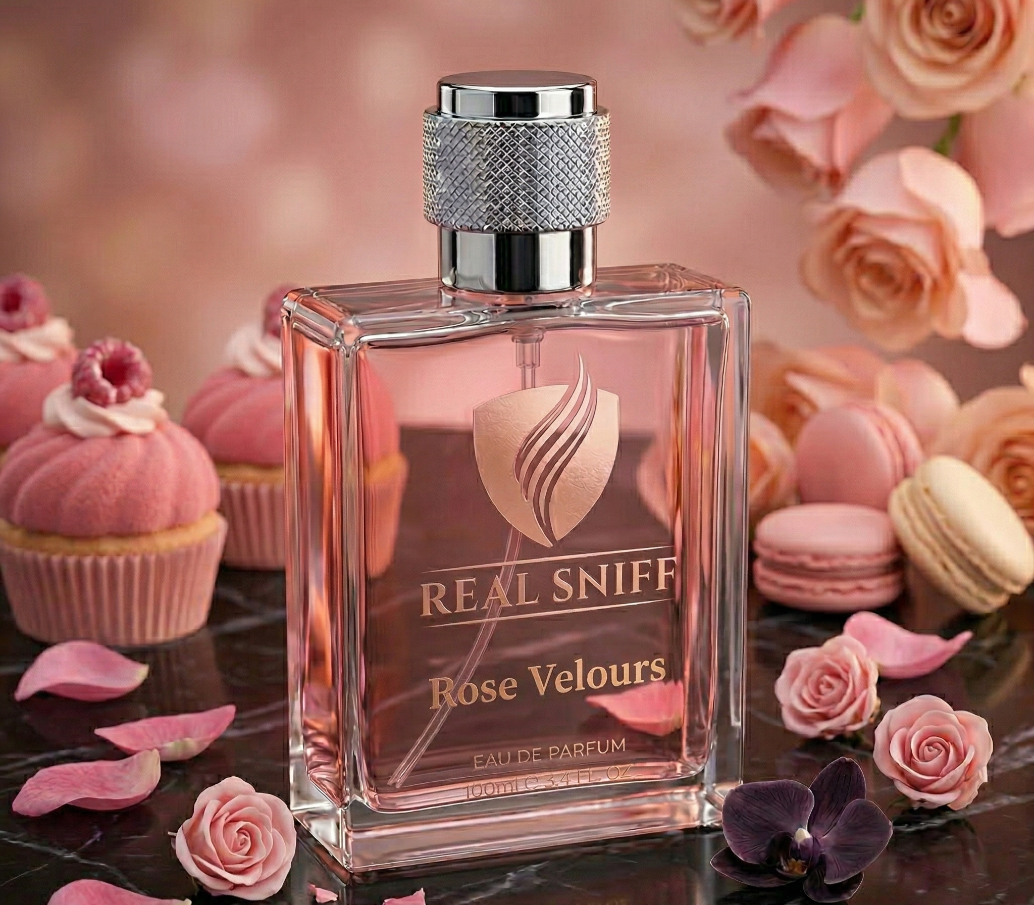 RealSniff Rose Velours perfume bottle featuring rose and strawberry cupcake notes for women.