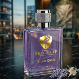 A high-end photograph of a 100ml clear glass bottle of Real Sniff Titan Rush Eau De Parfum. The rich purple perfume liquid is visible, featuring the distinct gold shield logo and text.